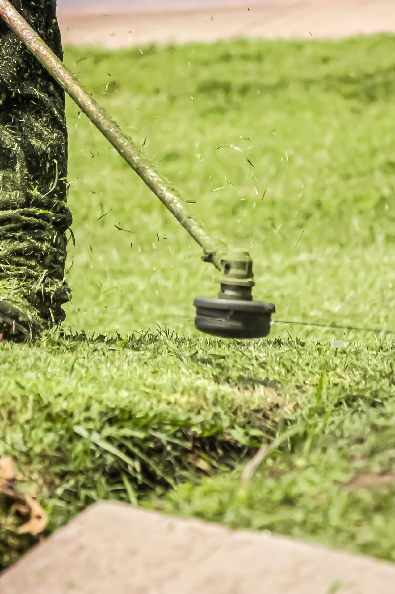 Close-up of professional string trimmer edging along sidewalk and lawn at Tennessee property by Prestige Landscape