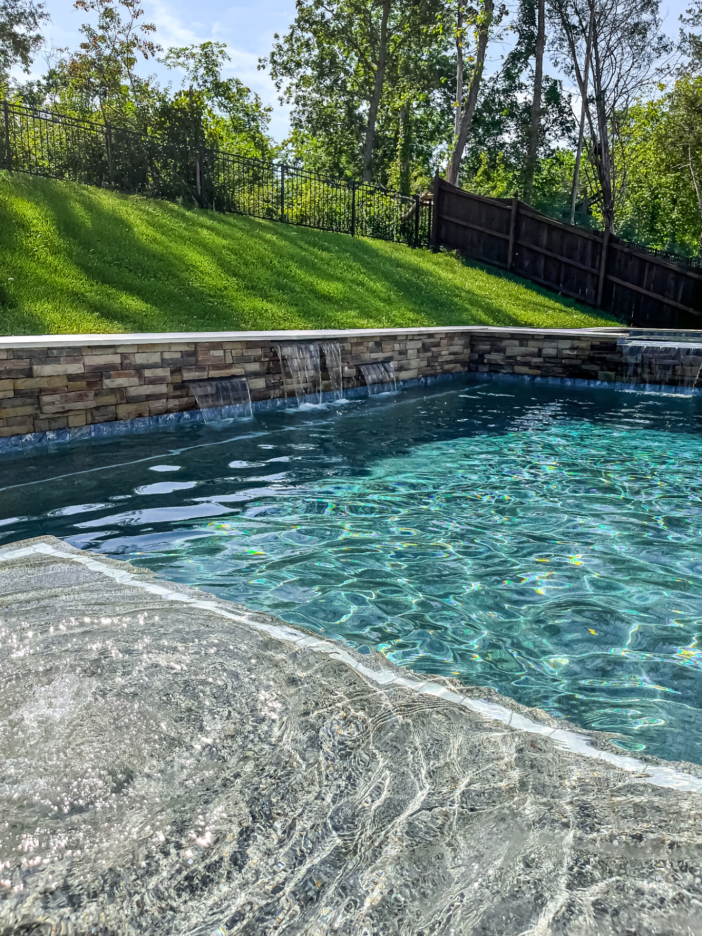 Custom cascading waterfall rock feature installed in Tennessee backyard by Prestige Landscape