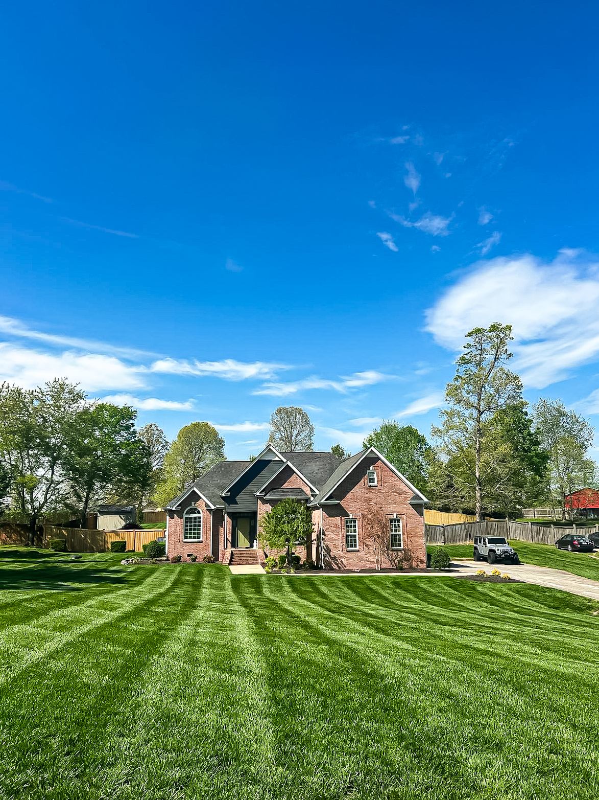 Expert diamond pattern lawn striping on manicured residential lawn in Tennessee